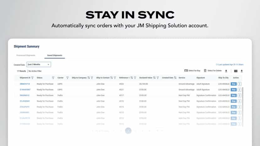 Screenshot with "stay in sync" at the top and shipping summary