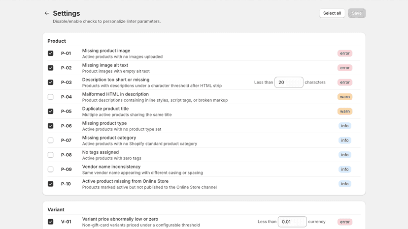 ShopLint settings page