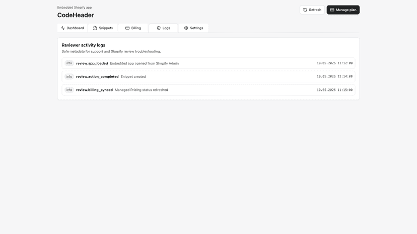 CodeHeader billing and activity logs