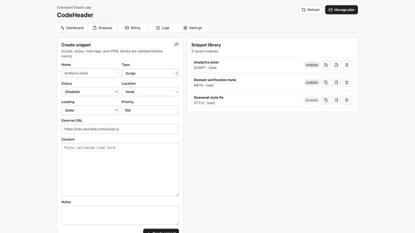 Active snippets list and controls