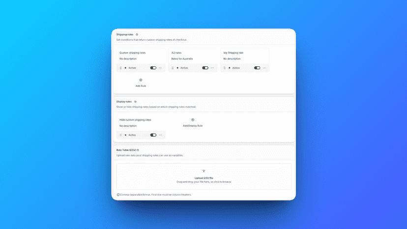 ShipLogic dashboard with shipping rules and CSV sections