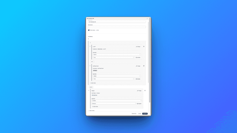 Rule modal showing nested conditions with warning badges