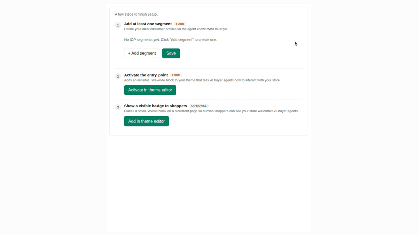 Haggl admin onboarding with three pending setup steps