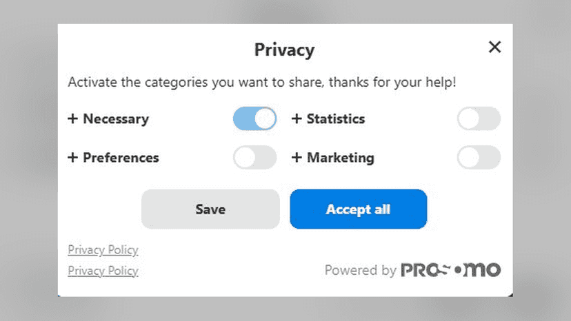 Cookie consent banner with category toggles and accept buttons