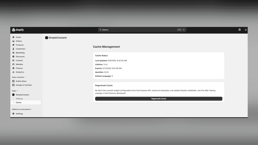 SimpleConsent cache management page in Shopify admin