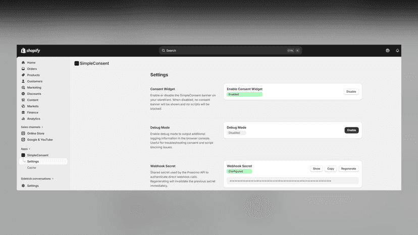 SimpleConsent settings page with widget and debug options