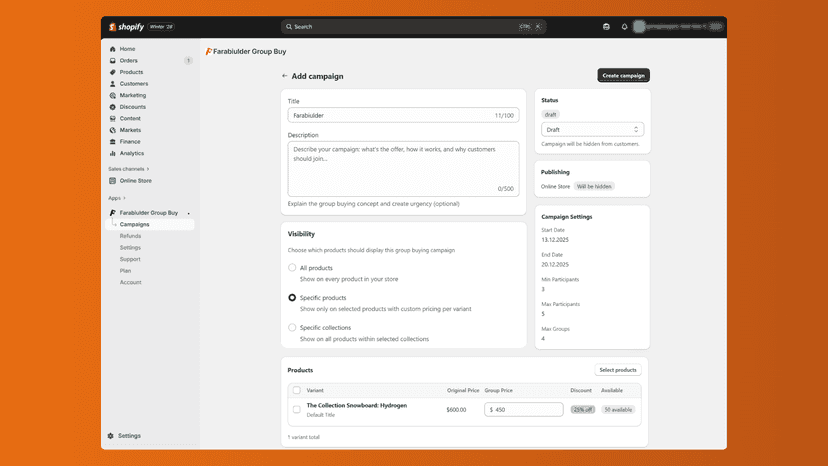Group buying campaign discount setup Shopify admin