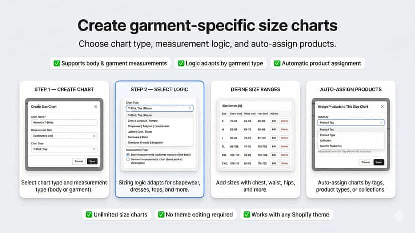 Create garment-specific size charts workflow overview