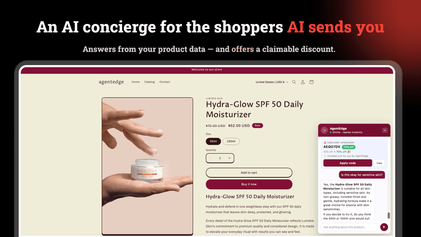 AgentEdge AI concierge answering a product question & discounts