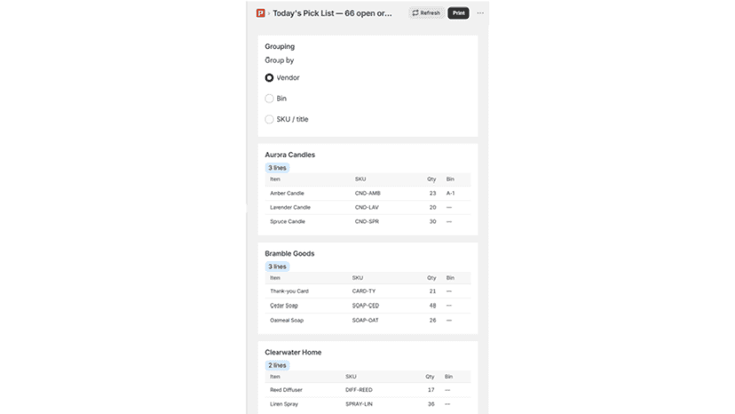 Order picking list on a phone, grouped by vendor