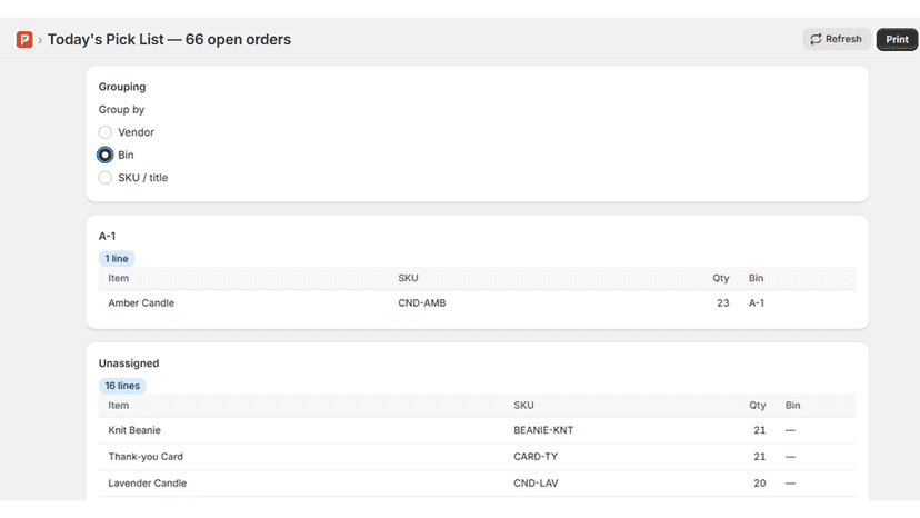 Picksort pick list grouped by bin location for picking