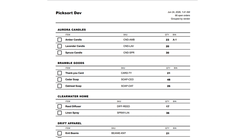 Printed pick and pack sheet grouped by vendor with check boxes