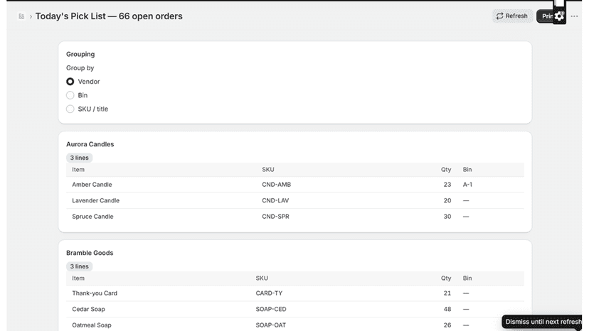 Picksort Today's Pick List screen with merged SKU quantities