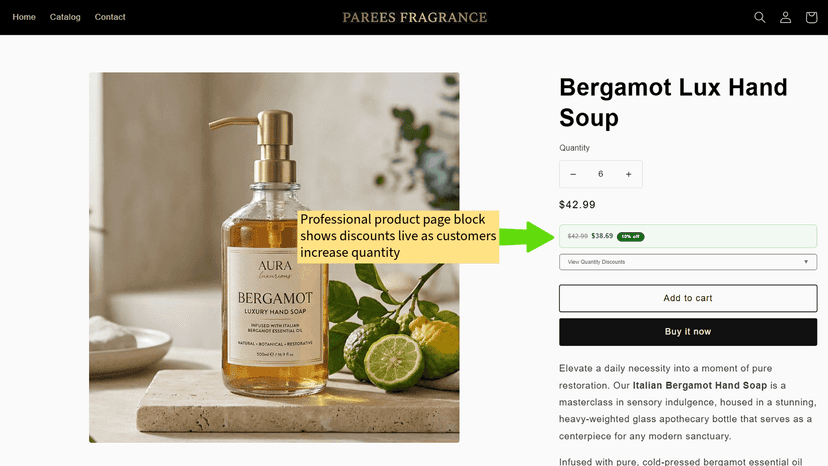 Product block shows discounts live as customers increase qty