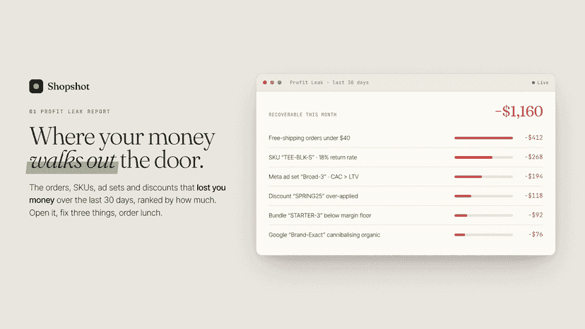 Profit Leak Agent shows orders, SKUs, and ad sets losing money