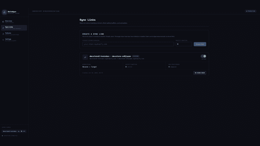 Sync Links screen for connecting a source and target store