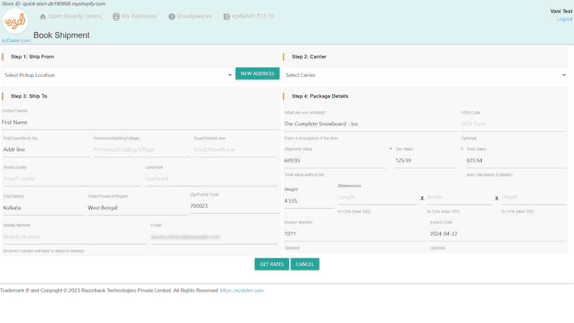 Page to book shipment