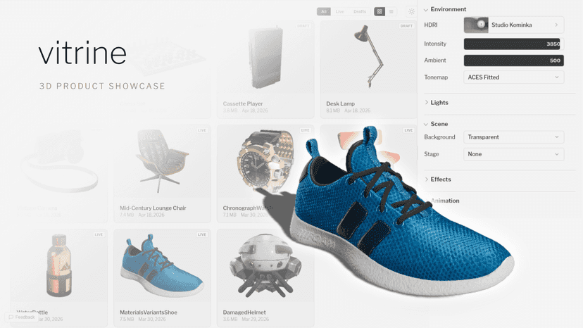 vitrine visual editor with 3D shoe model, dashboard grid, and sc