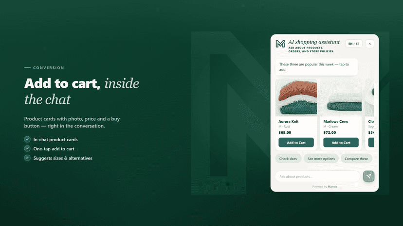 Adding a product to cart inside Mantio chat