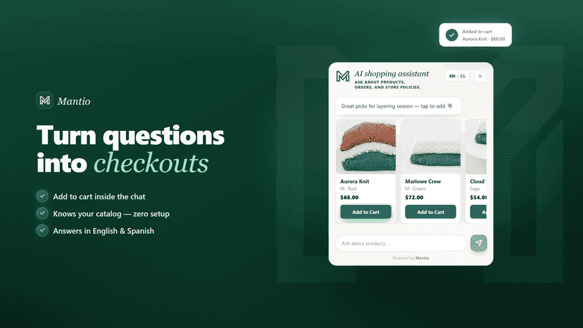 Mantio AI chat with product cards and Add to Cart