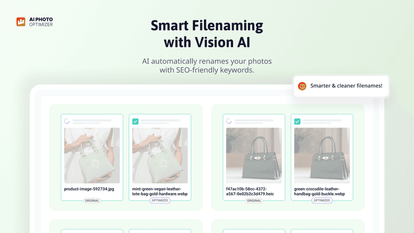 AI automatically renames your photos with SEO-friendly keywords.