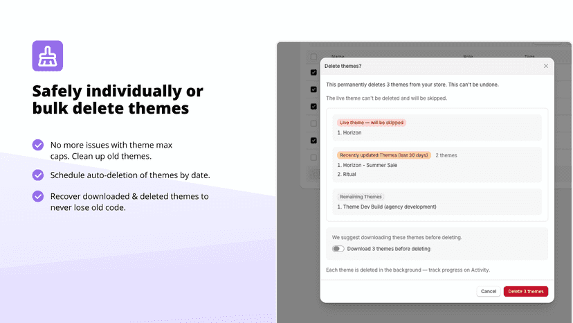Safely individually or bulk delete themes
