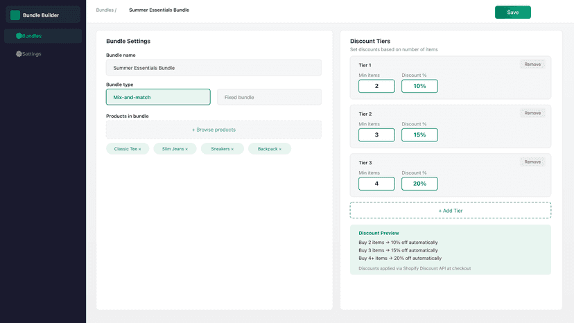 Bundle editor showing tiered discount configuration