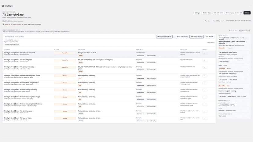 Preflight review queue with launch blockers
