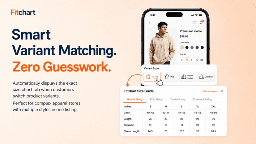 Multi tab size chart automatically matches product variant selec