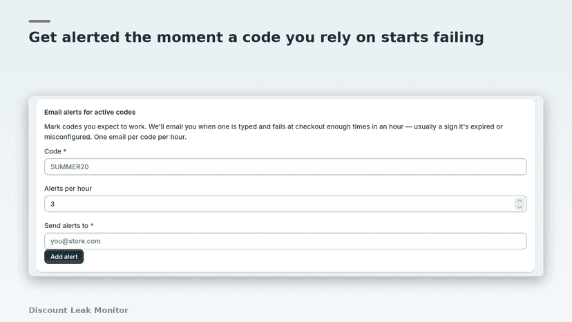 Form to set email alerts when an active discount code fails