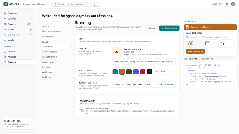 Branding settings for white-label dashboard customisation
