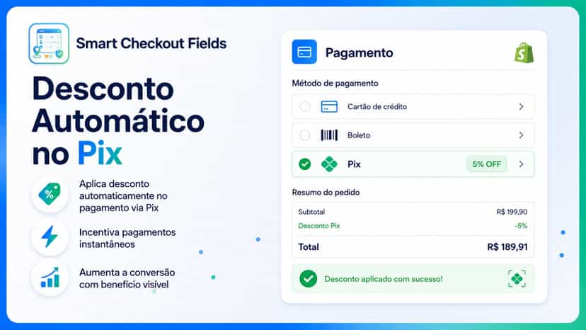 Desconto automático no checkout ao selecionar Pix ou Boleto.