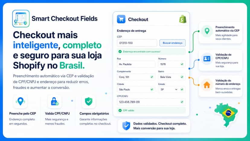 Checkout Shopify com CEP e validação CPF/CNPJ