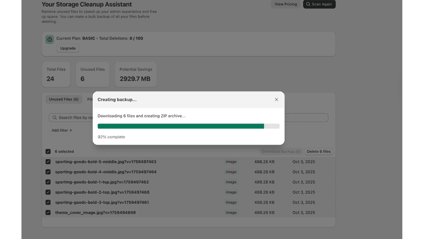 Creating a secure backup before deleting unused files