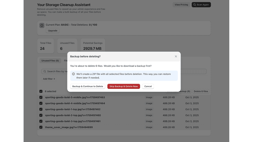 Unused files selected for deletion with bulk options