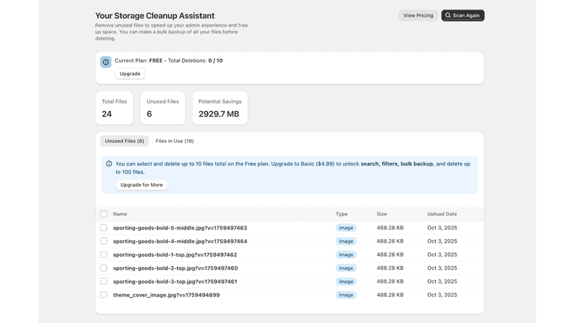 Dashboard showing unused files and storage savings