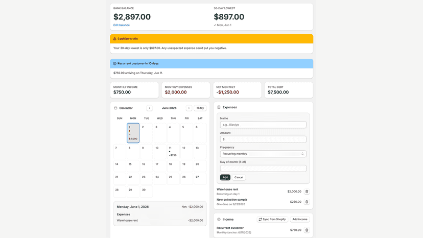 Cash View Expenses card with the Add Expense form open.