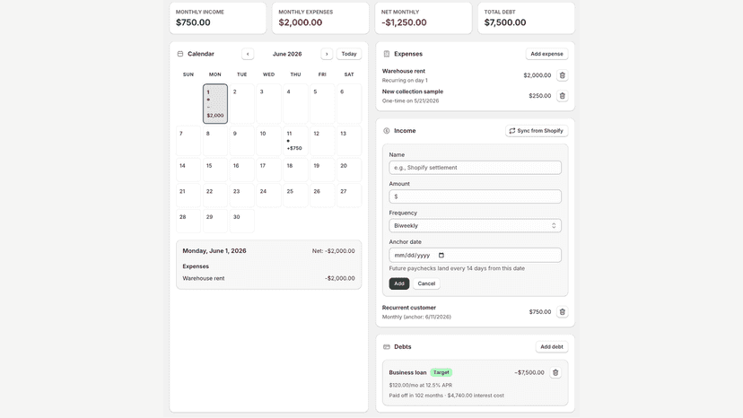 Cash View Add Income form open above the Debts card.