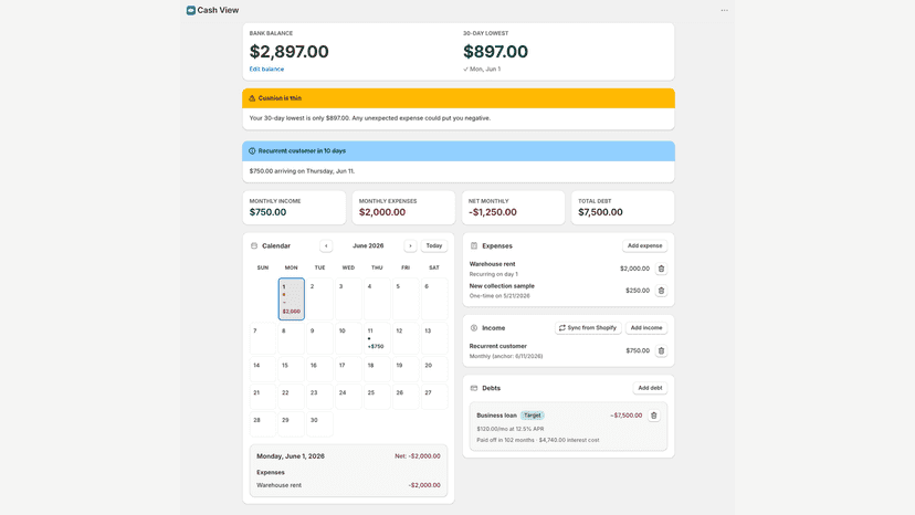 Cash View dashboard showing bank balance, alerts, and calendar.