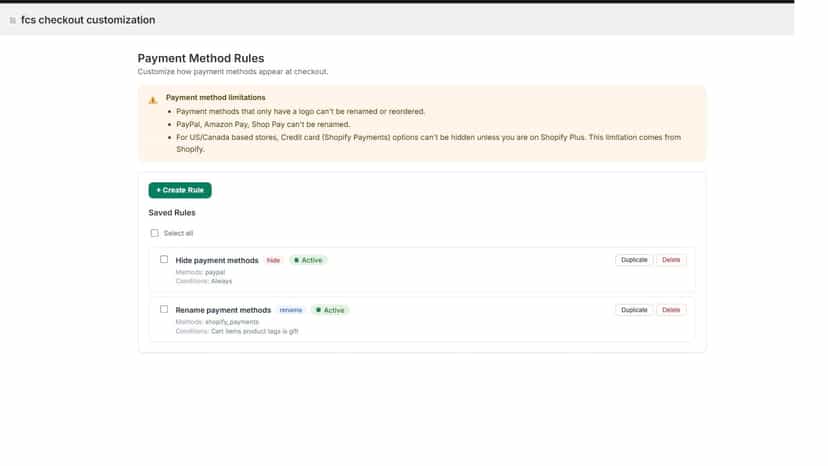 Payment rules list