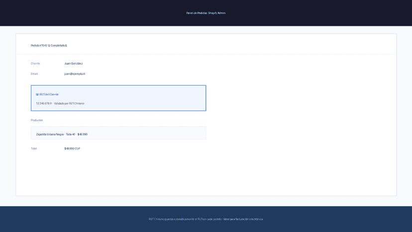 RUT del cliente visible en el panel de pedidos de Shopify