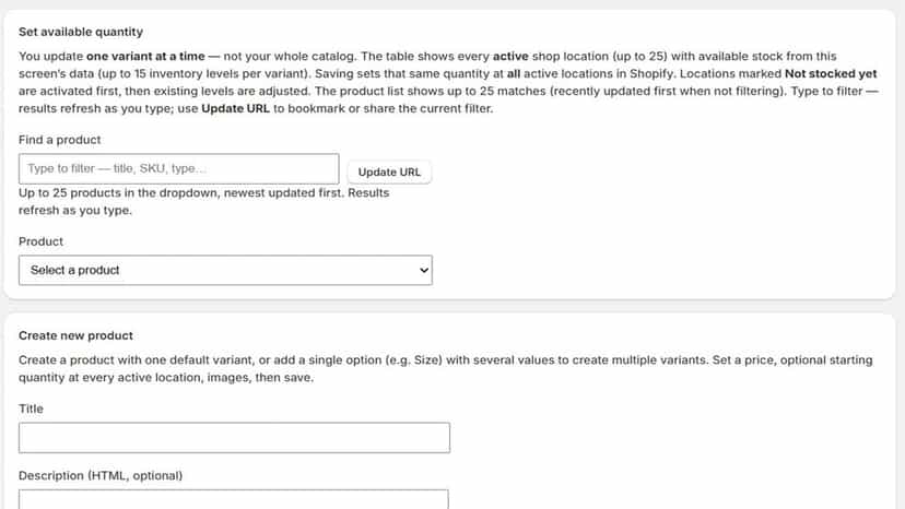 Product inventory and quantity update dashboard