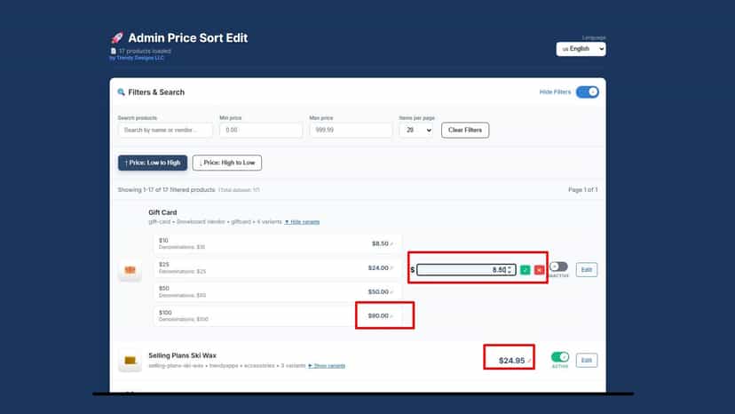 “Quickly update prices & toggle product status in a click