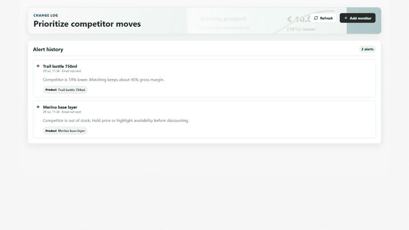 Email alert settings for price, stock and content changes