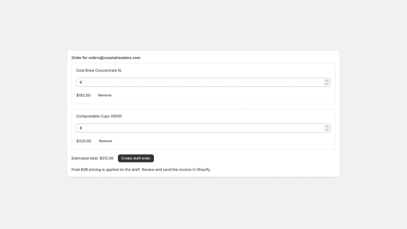 Rep mode order builder with editable quantities