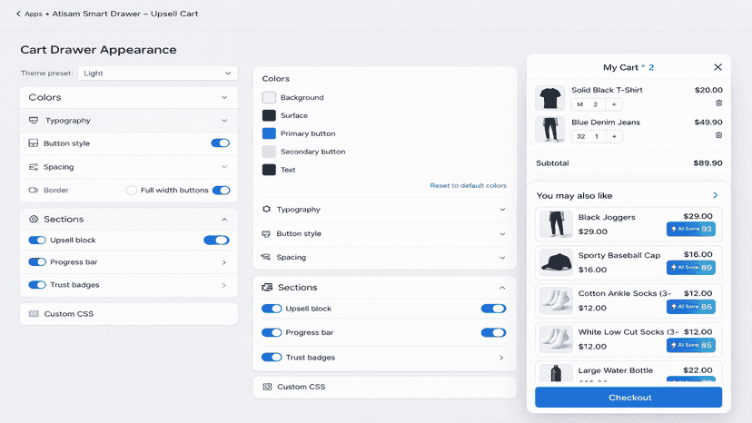 Customization panel for cart drawer design with controls