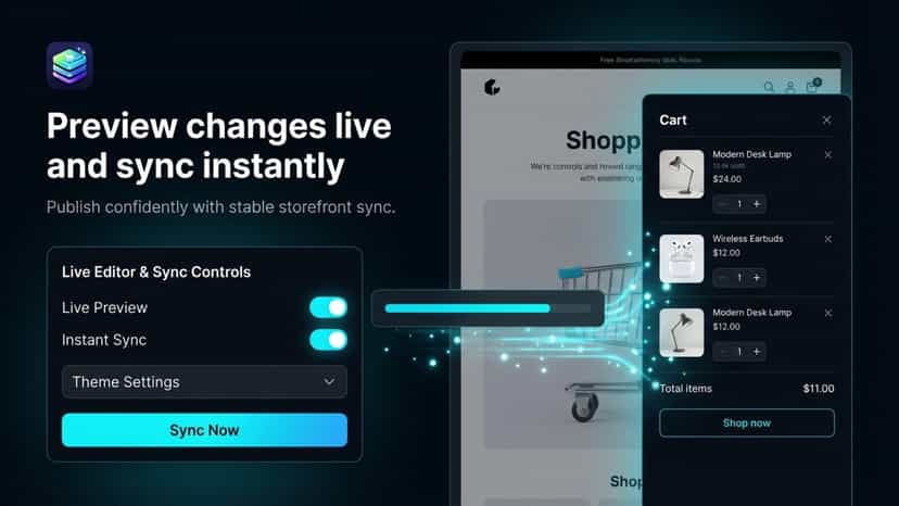 Split view of cart settings and live storefront preview showing