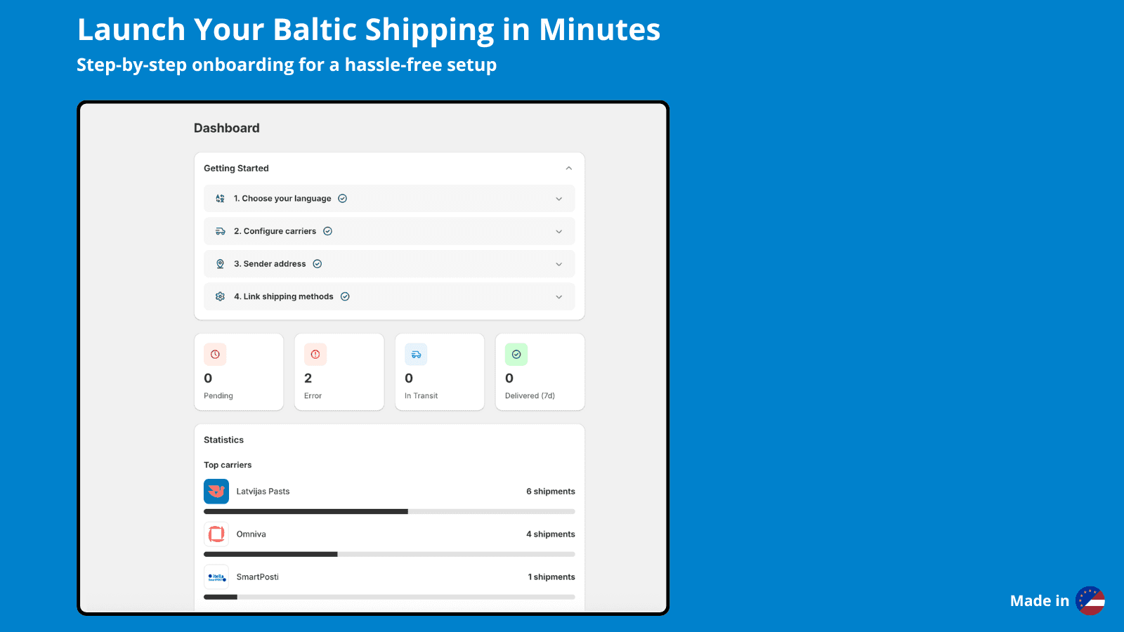 Baltix app dashboard: setup checklist and shipment delivery