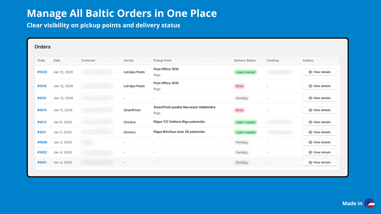 Baltix app: orders management table