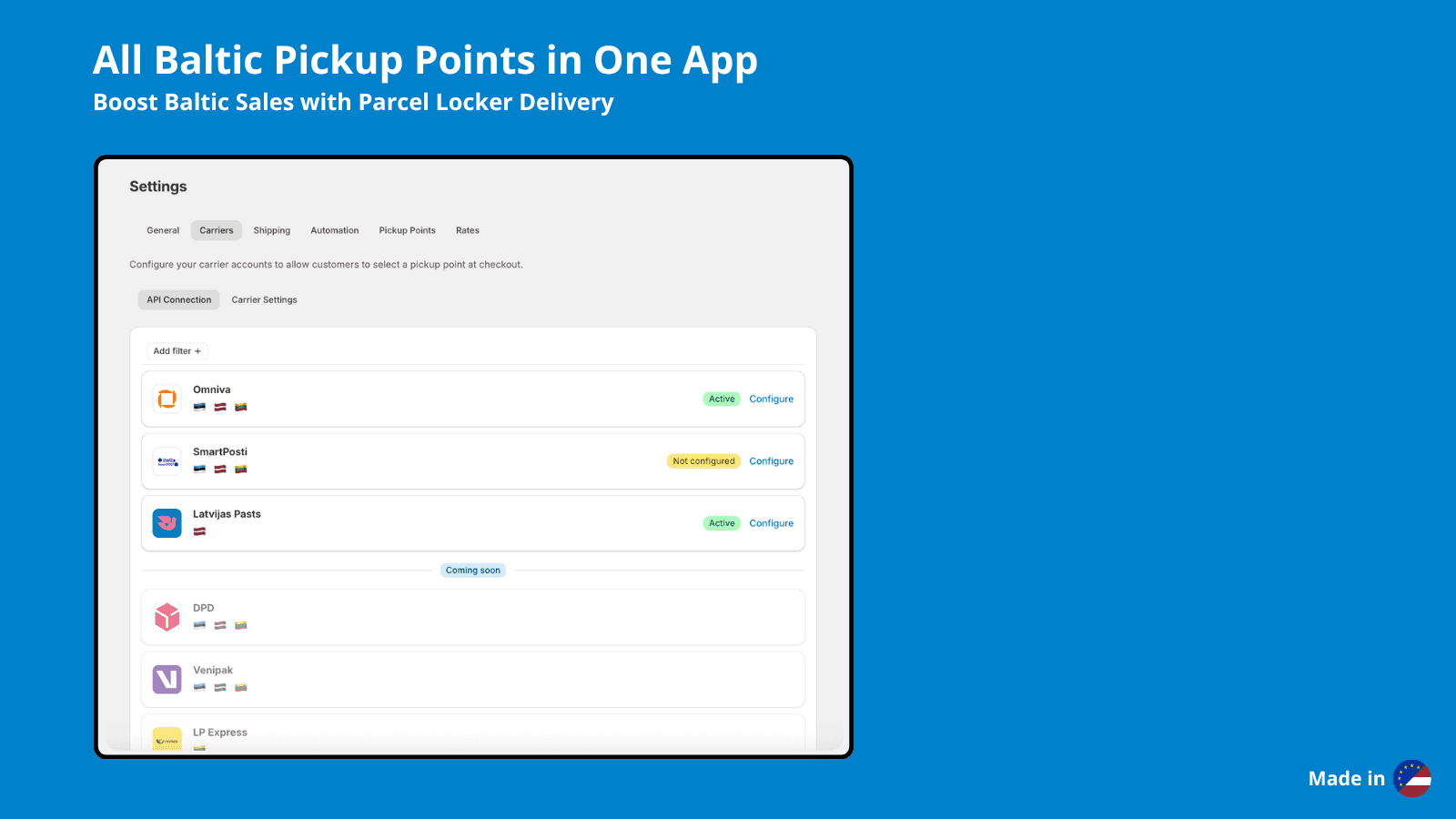 Baltix app: Configuration page for Baltic shipping carriers